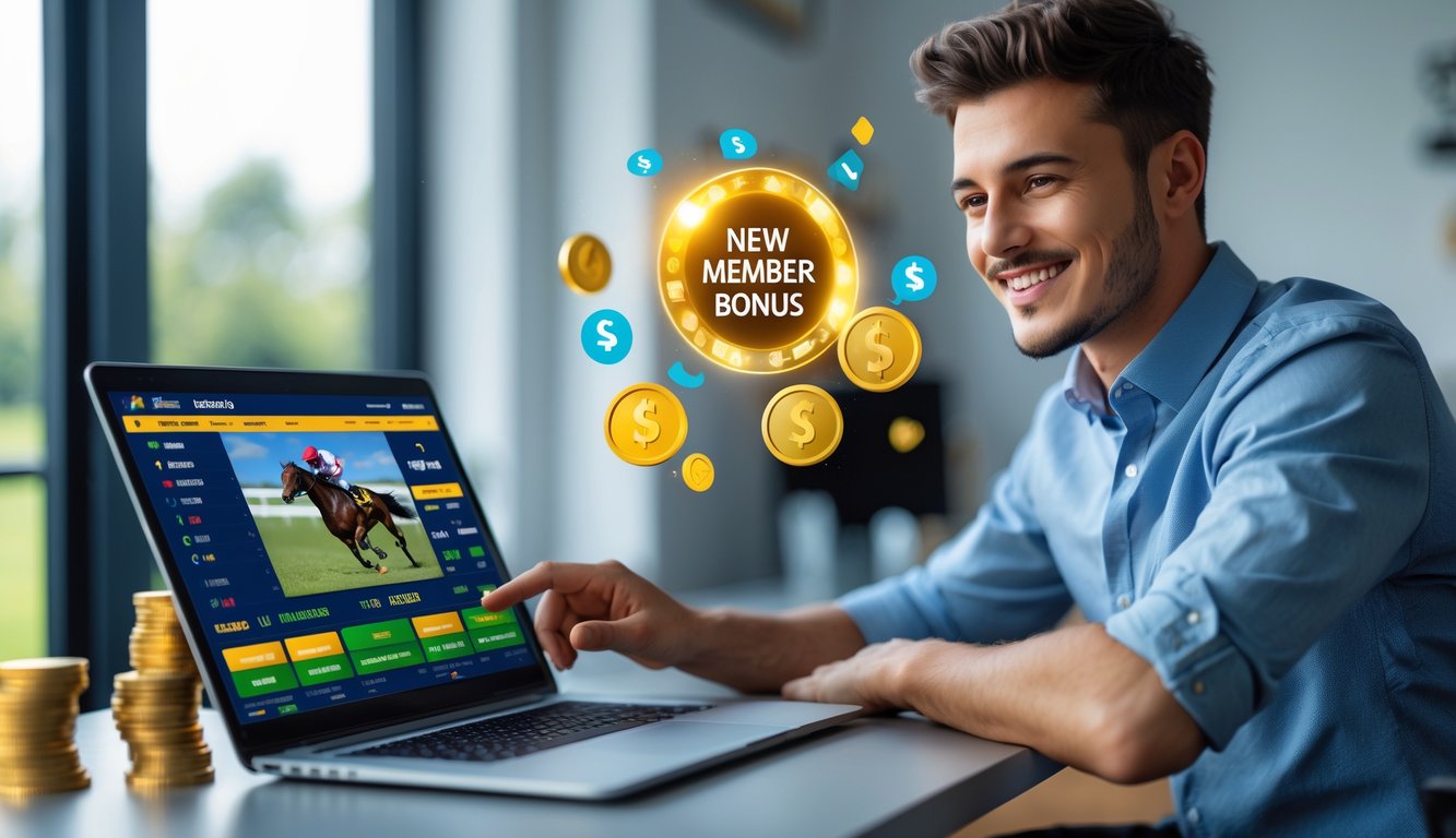 Seseorang menggunakan laptop dengan tampilan taruhan pacuan kuda online di meja kerja yang terang dan nyaman.