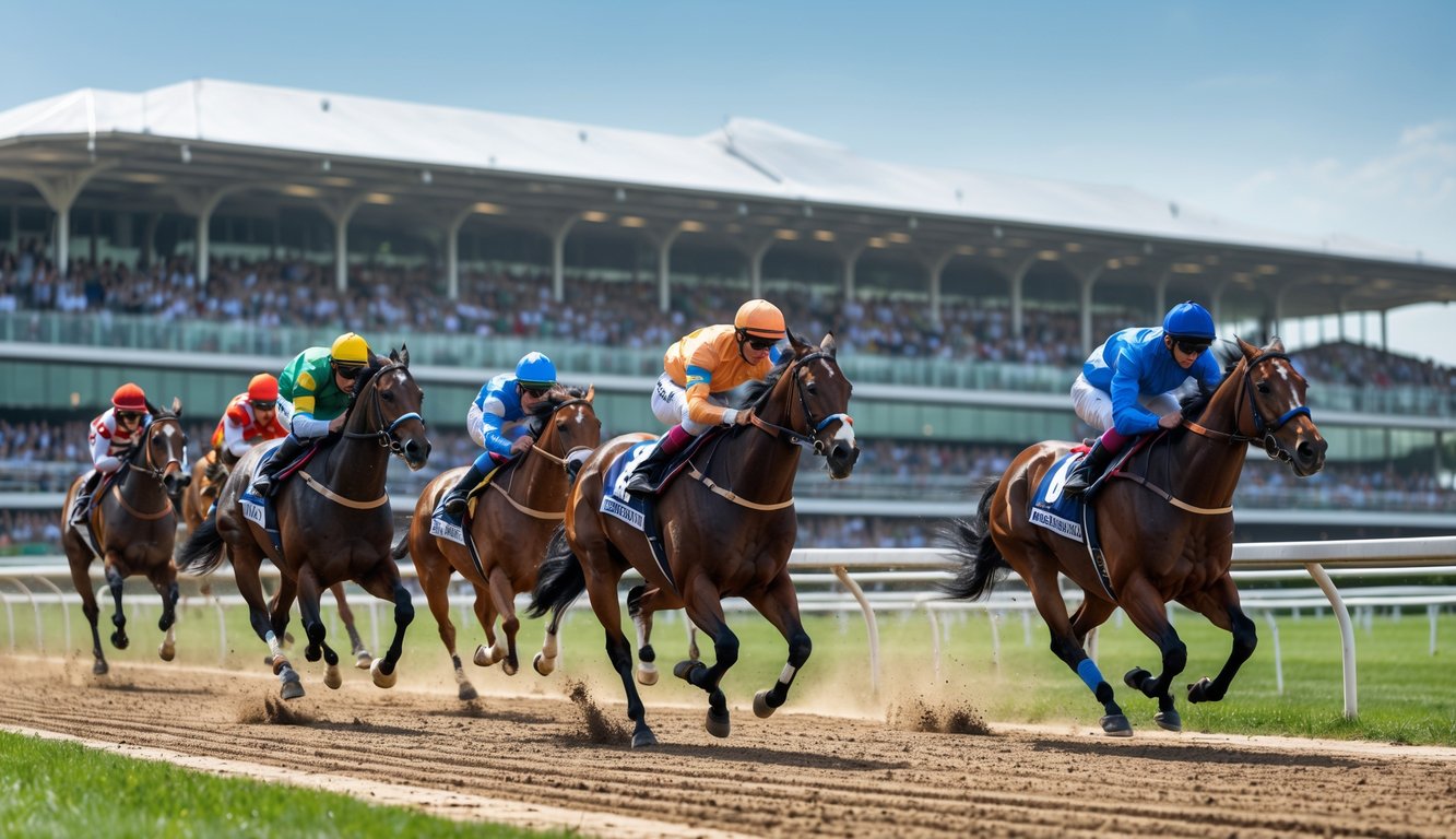 Beberapa kuda pacuan dengan joki berwarna-warni sedang berlari cepat di lintasan pacuan kuda dengan penonton di tribun di latar belakang.