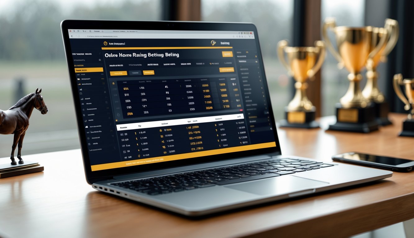 Seseorang menggunakan laptop dan ponsel untuk memasang taruhan pacuan kuda secara online di meja kerja modern.
