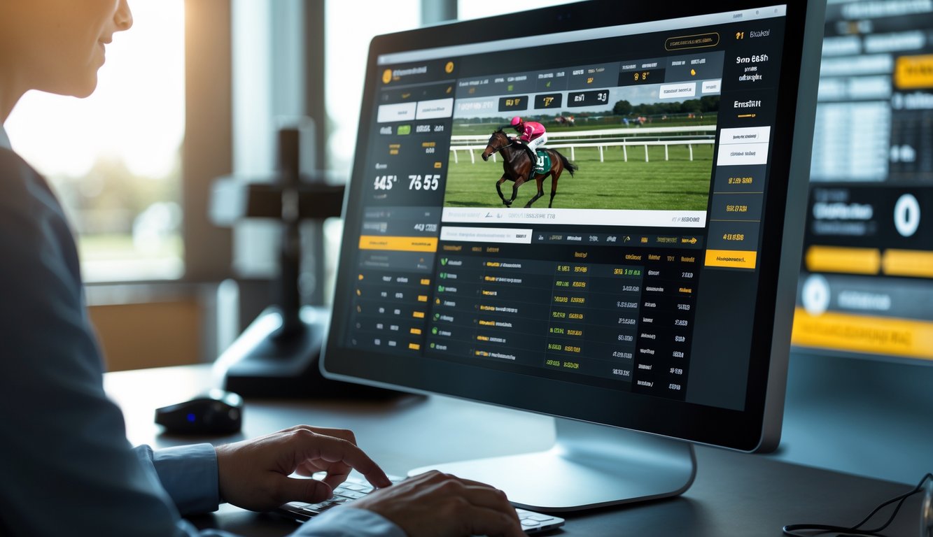 Seseorang menggunakan komputer untuk memasang taruhan pacuan kuda online dengan tampilan antarmuka balapan dan staf dukungan siap membantu di latar belakang.