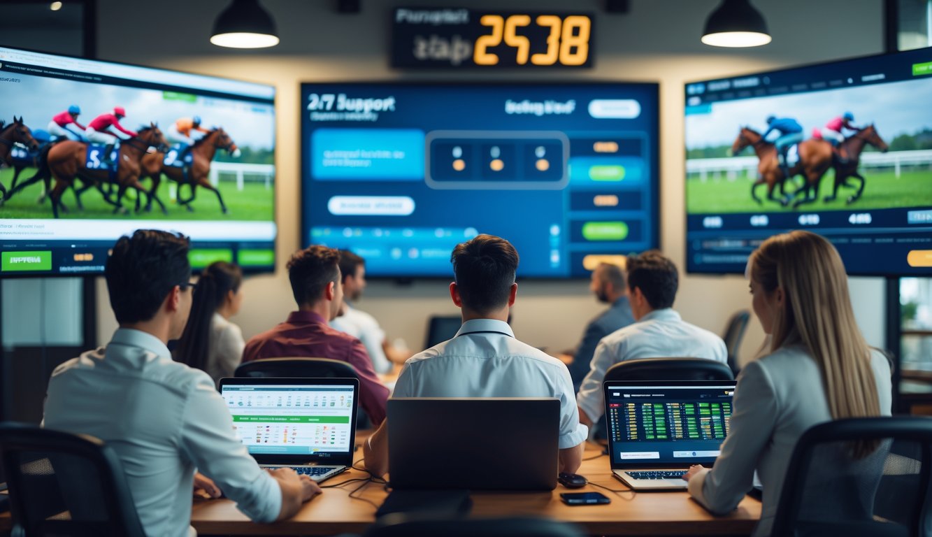 Sekelompok orang menggunakan laptop dan ponsel untuk taruhan pacuan kuda online di kantor modern dengan layar menampilkan balapan kuda dan jam digital menunjukkan dukungan 24 jam.