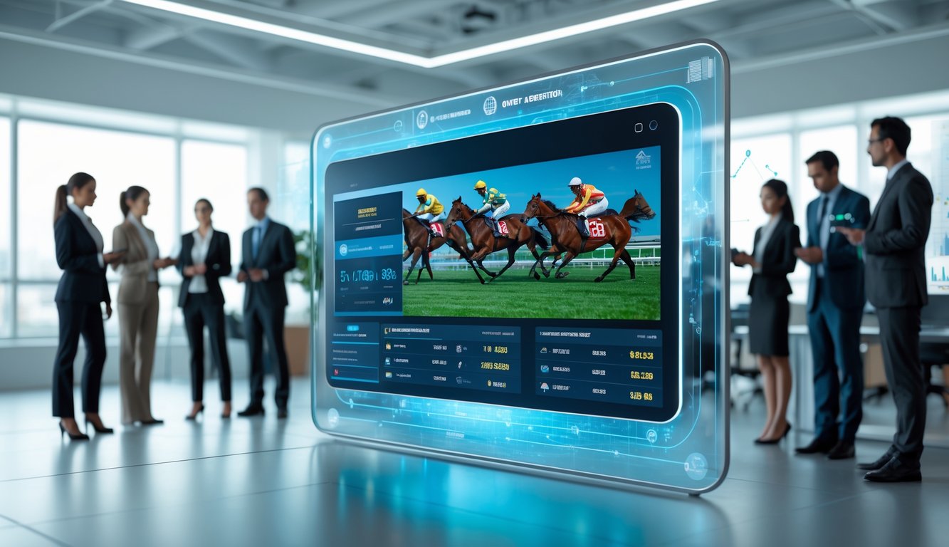 Orang-orang profesional menggunakan layar sentuh digital dengan gambar pacuan kuda dan grafik taruhan di kantor modern.