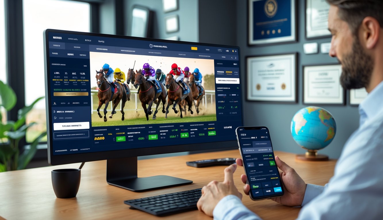 Seseorang menggunakan komputer dan ponsel untuk memasang taruhan pacuan kuda online di sebuah kantor modern.