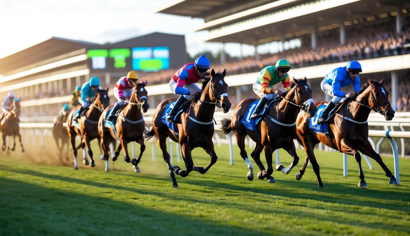 Lomba pacuan kuda dengan beberapa kuda dan joki yang sedang berlari cepat di depan penonton yang ramai di tribun.