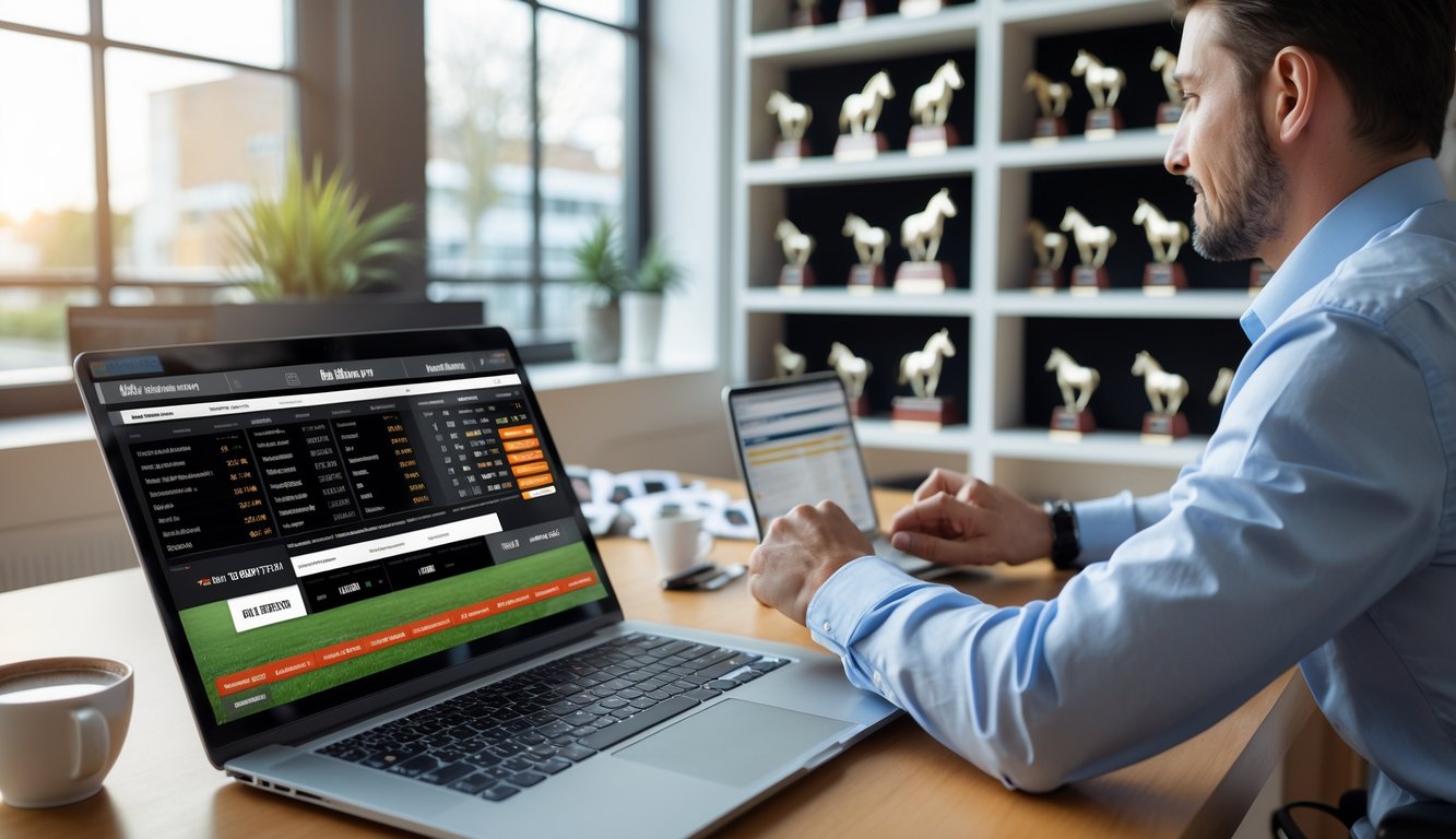 Seorang pria di depan laptop yang menampilkan situs taruhan pacuan kuda, dengan latar belakang trofi pacuan kuda dan suasana ruang kerja yang terang.