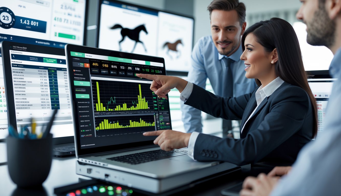 Dua profesional sedang menganalisis data pacuan kuda di depan laptop dan monitor di ruang kerja modern.