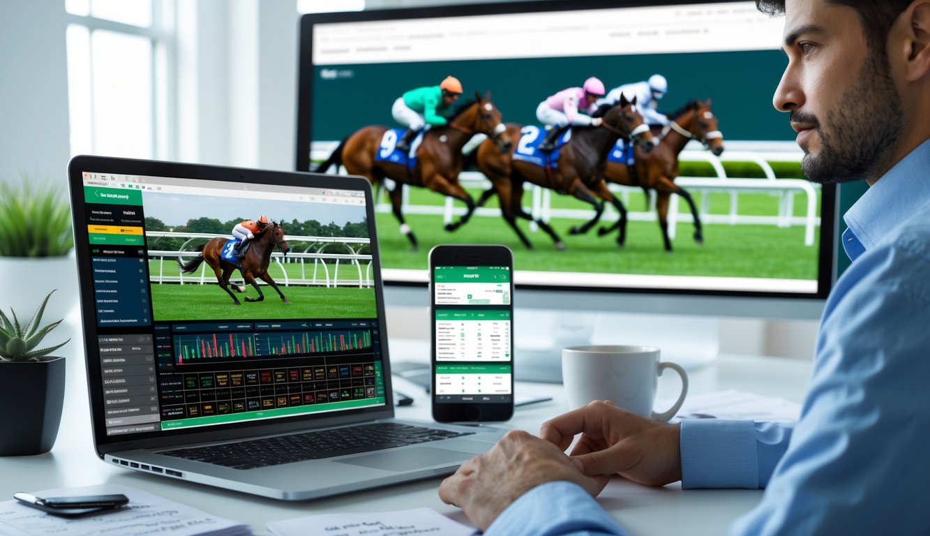 Seorang profesional sedang menganalisis data taruhan pacuan kuda online di laptop dengan layar besar menampilkan balapan kuda secara langsung di latar belakang.