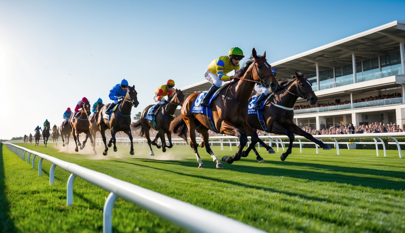 Lomba pacuan kuda dengan beberapa joki menunggang kuda berlari cepat di lintasan dengan tribun penonton di latar belakang.