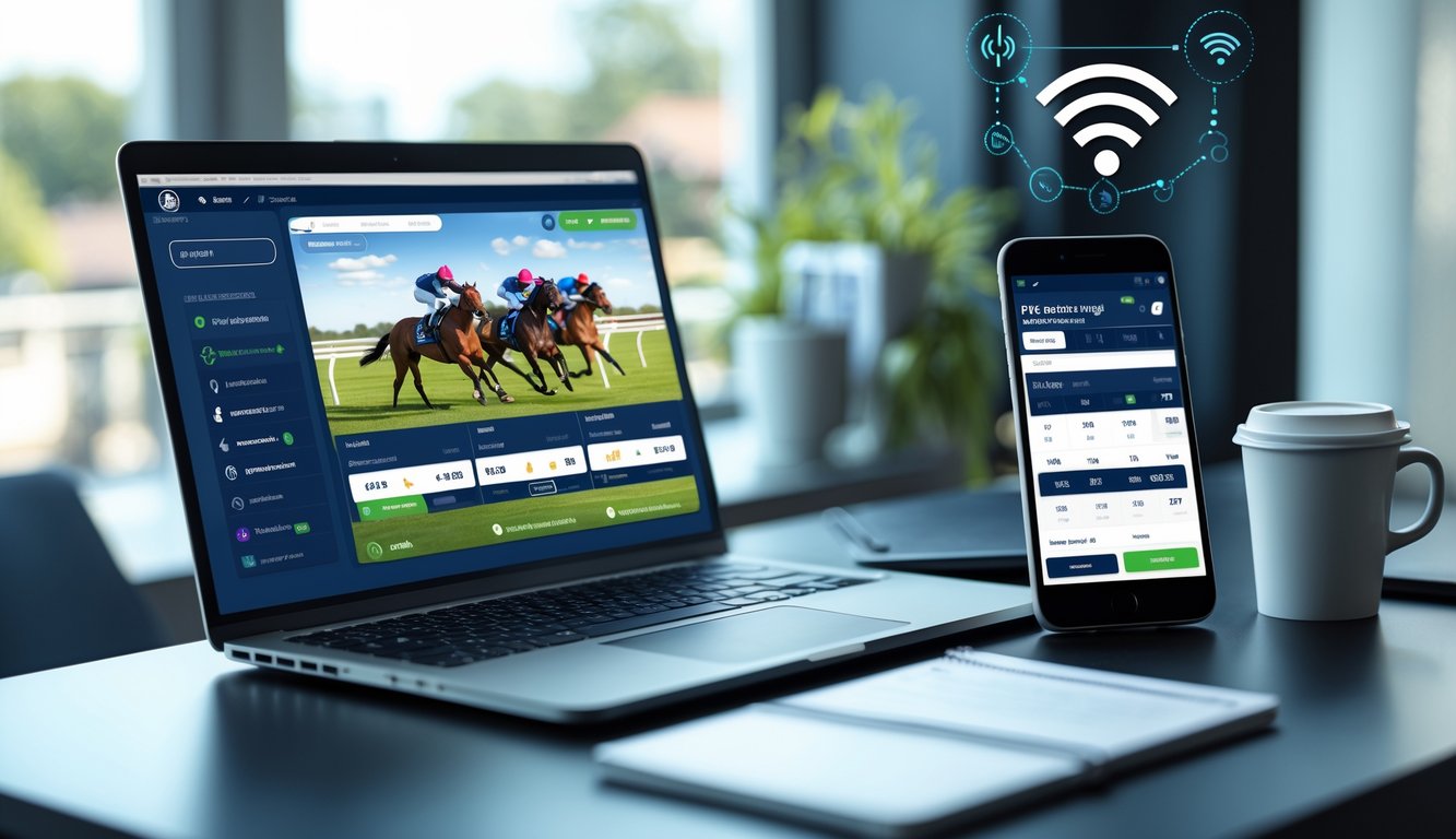 Seorang pengguna bekerja di meja dengan laptop dan ponsel yang menampilkan antarmuka taruhan pacuan kuda online.