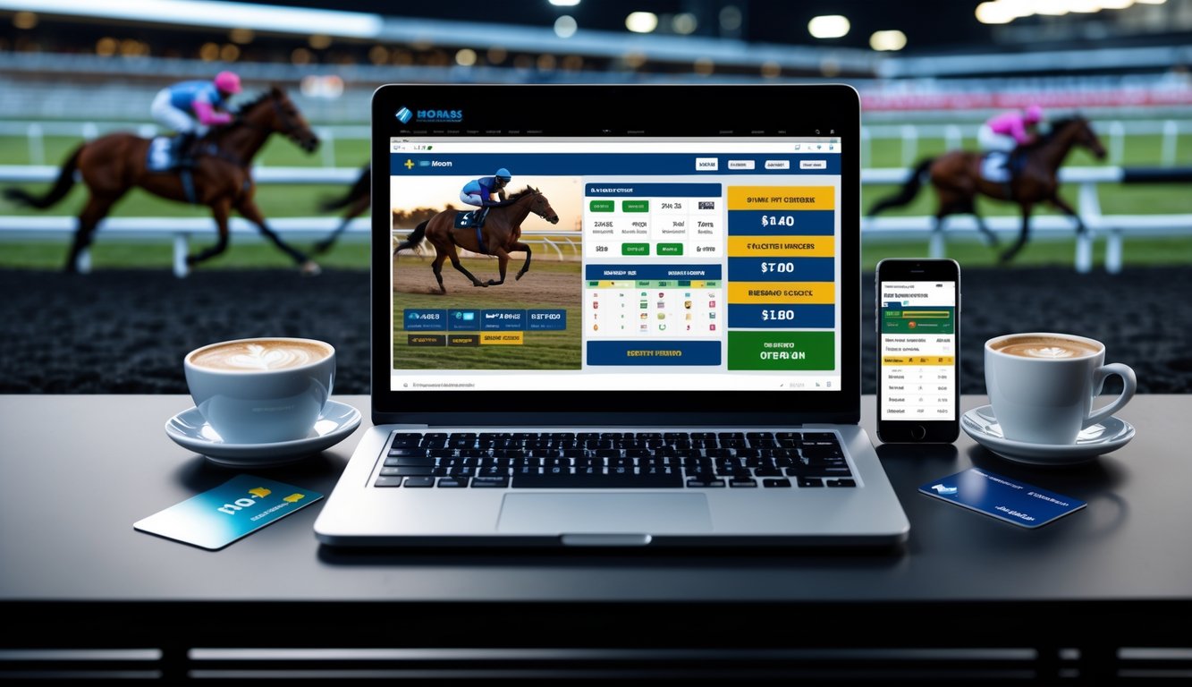 Seseorang menggunakan laptop dan ponsel untuk memasang taruhan pacuan kuda online dengan latar belakang pacuan kuda yang sedang berlomba.