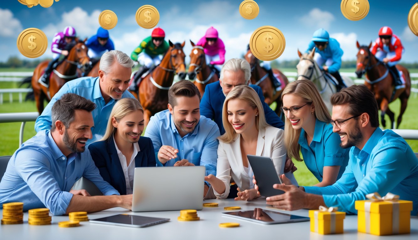 Beberapa orang menggunakan perangkat digital untuk memasang taruhan pacuan kuda online dengan latar belakang kuda berlari di lintasan balap.