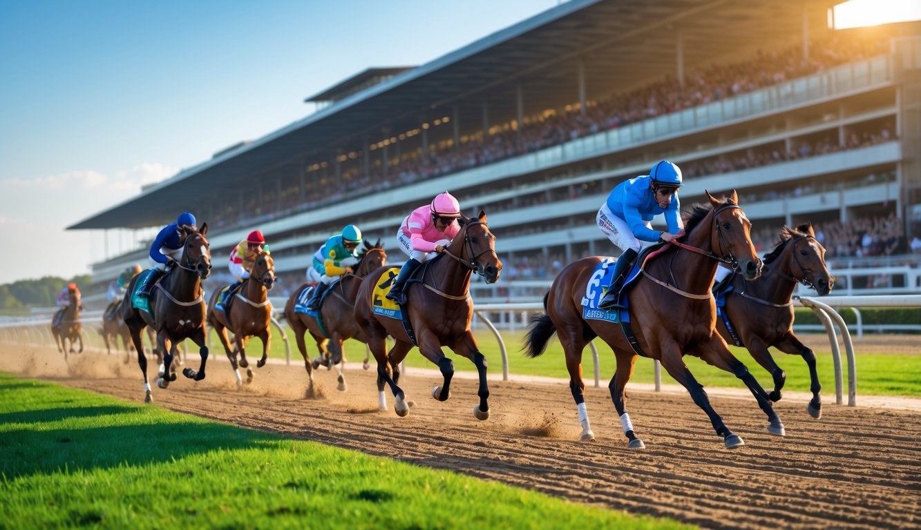 Beberapa kuda pacu dengan joki sedang berlari di lintasan pacuan kuda dengan penonton di tribun.