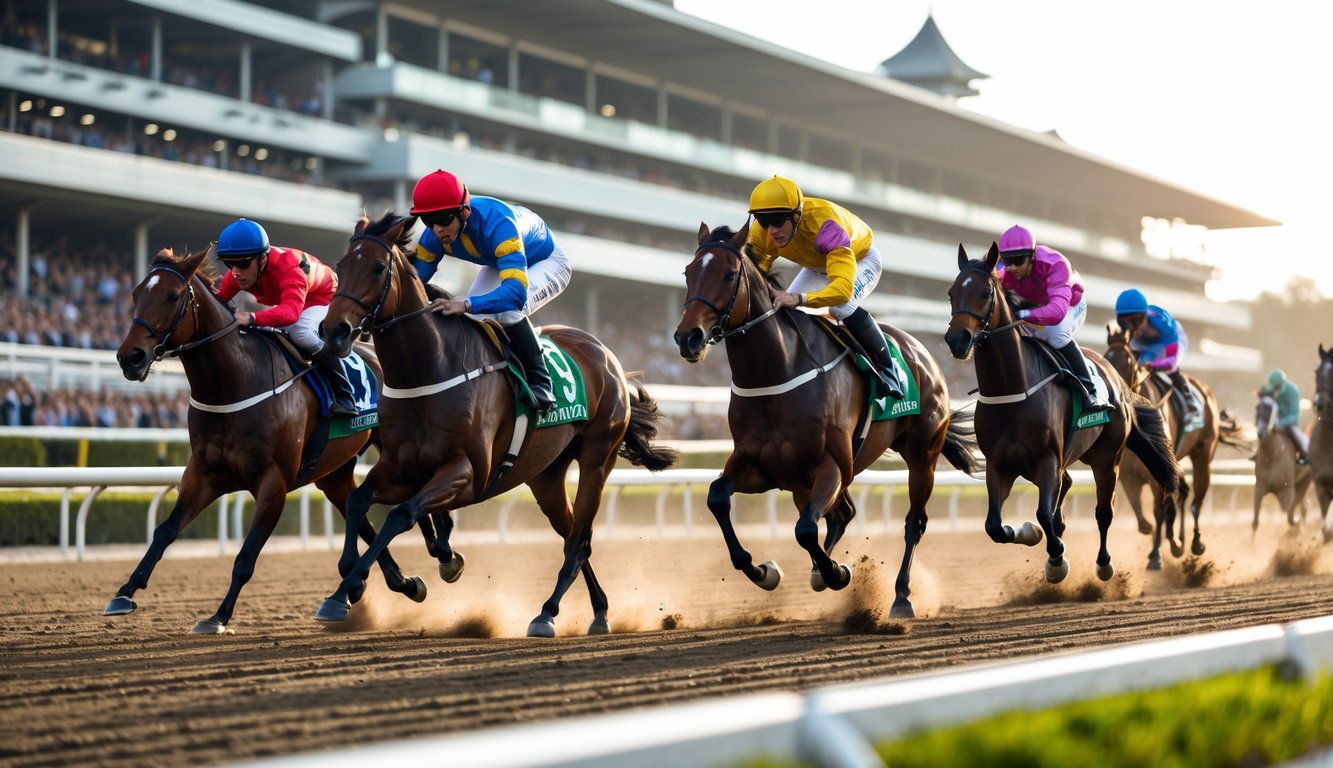 Beberapa kuda pacuan dengan joki sedang berlari cepat di lintasan pacuan kuda dengan tribun penonton penuh di latar belakang.