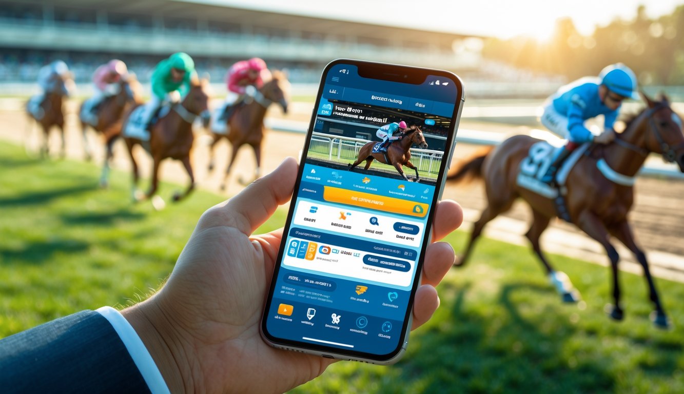 Seseorang memegang ponsel yang menampilkan aplikasi taruhan pacuan kuda dengan latar belakang pacuan kuda yang sedang berlomba.