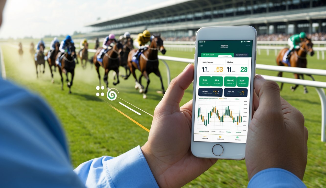 Seorang dewasa muda menggunakan ponsel pintar dengan latar belakang pacuan kuda yang sedang berlangsung di lintasan balap.