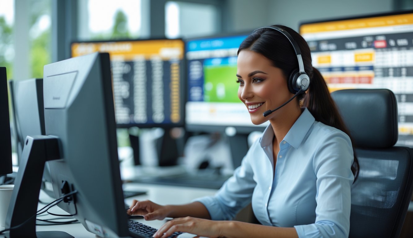 Seorang petugas layanan pelanggan yang ramah sedang bekerja dengan komputer di kantor modern dengan layar menampilkan data pacuan kuda.