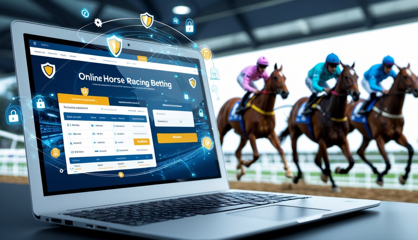 Layar perangkat menampilkan antarmuka taruhan pacuan kuda online dengan latar belakang balapan kuda yang dinamis dan simbol keamanan digital.