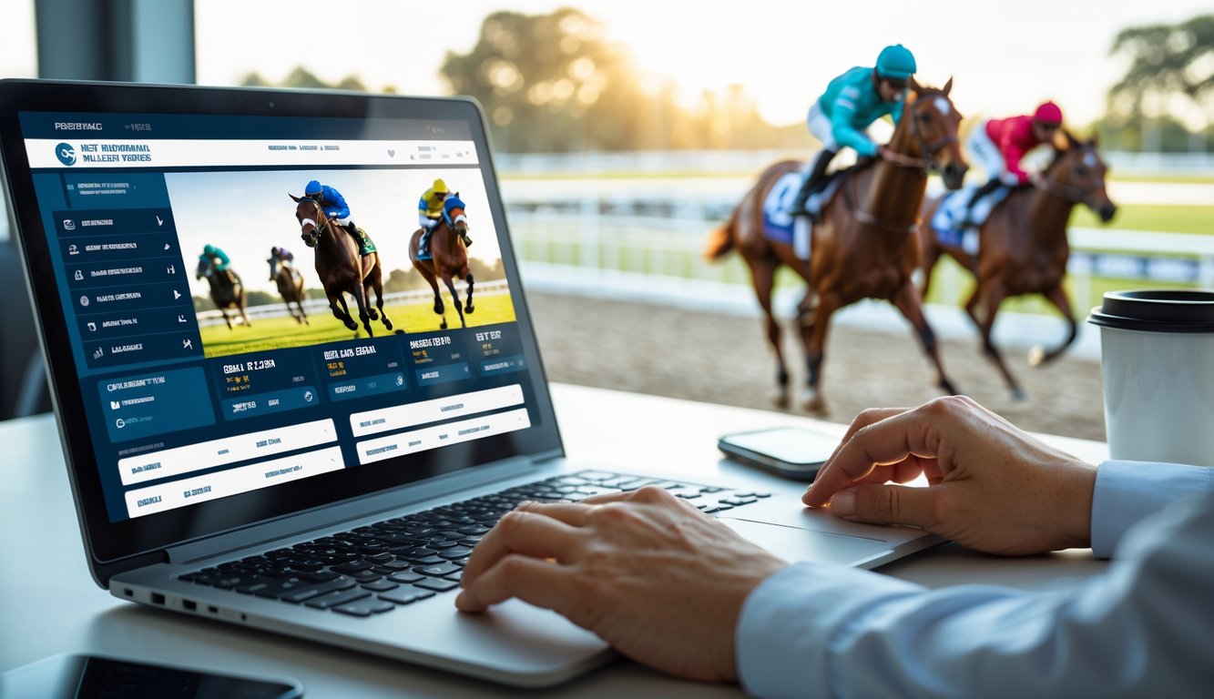 Seseorang menggunakan laptop di meja kerja dengan latar belakang balapan kuda yang sedang berlangsung.