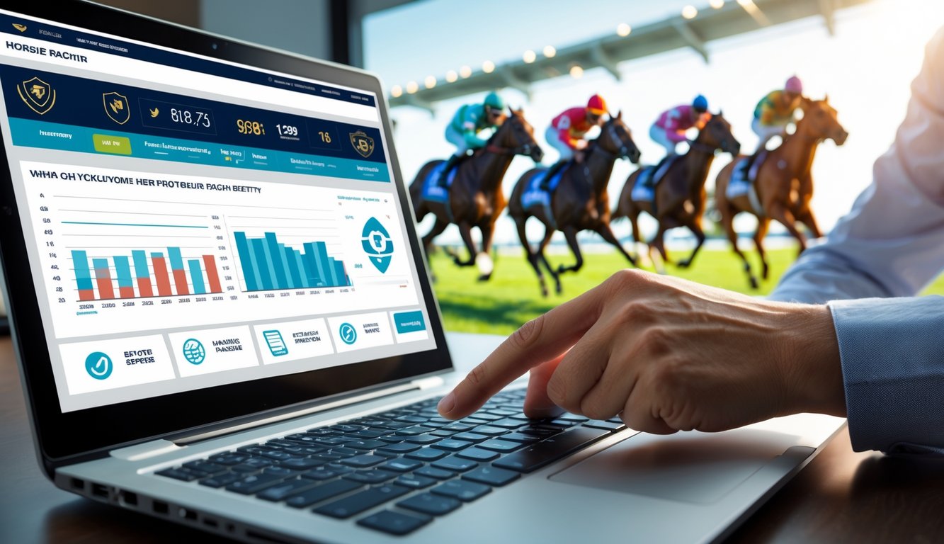 Seseorang menggunakan laptop dengan tampilan situs taruhan pacuan kuda online, latar belakang pacuan kuda sedang berlangsung.