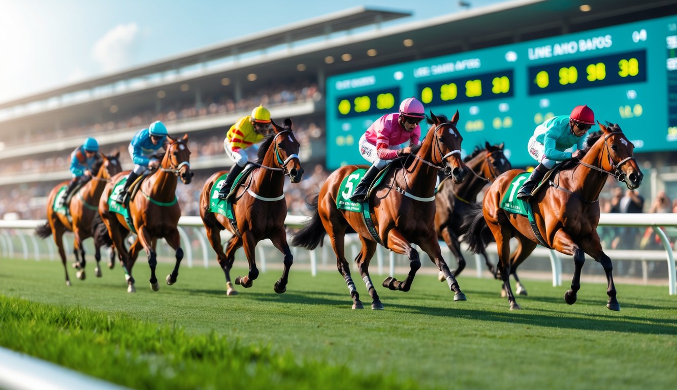 Balapan kuda dengan beberapa kuda dan joki sedang berlari di lintasan hijau dengan papan digital di latar belakang.