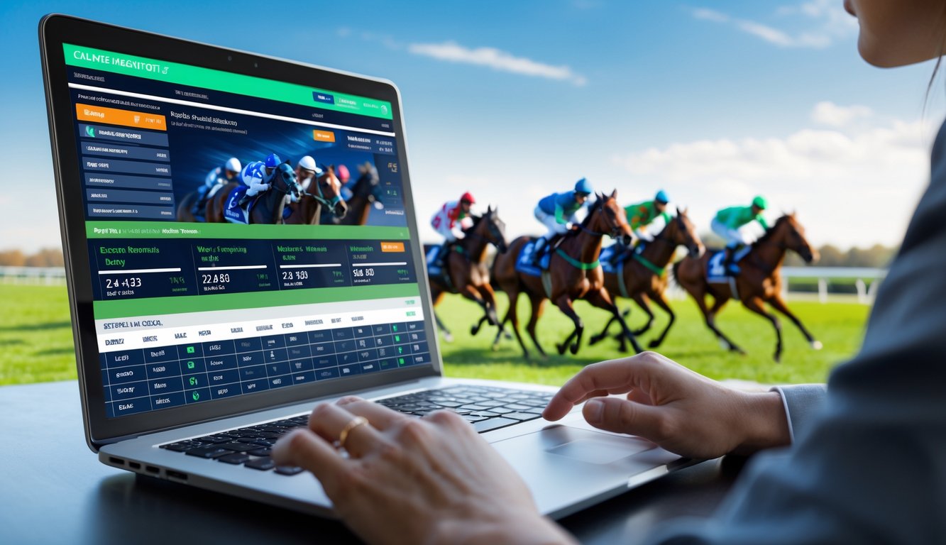 Seseorang menggunakan komputer dengan tampilan taruhan pacuan kuda online dan latar belakang balapan kuda yang sedang berlangsung.