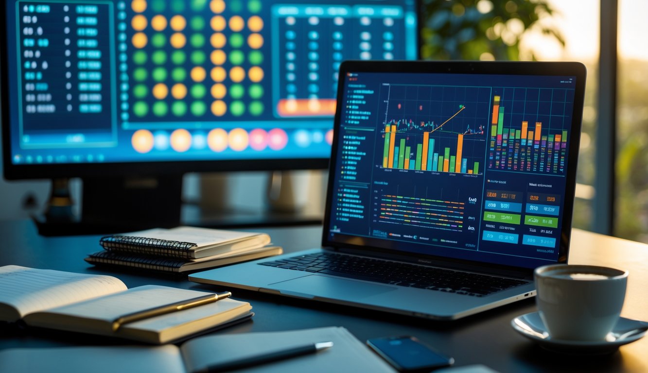 Sebuah ruang kerja modern dengan laptop menampilkan grafik dan data statistik, dikelilingi oleh buku catatan dan cangkir kopi, dengan layar digital besar di latar belakang yang menunjukkan visualisasi data.