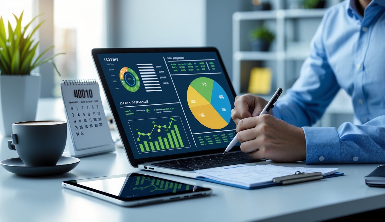 Seorang profesional sedang menganalisis data hasil togel terbaru di meja kerja dengan perangkat digital.
