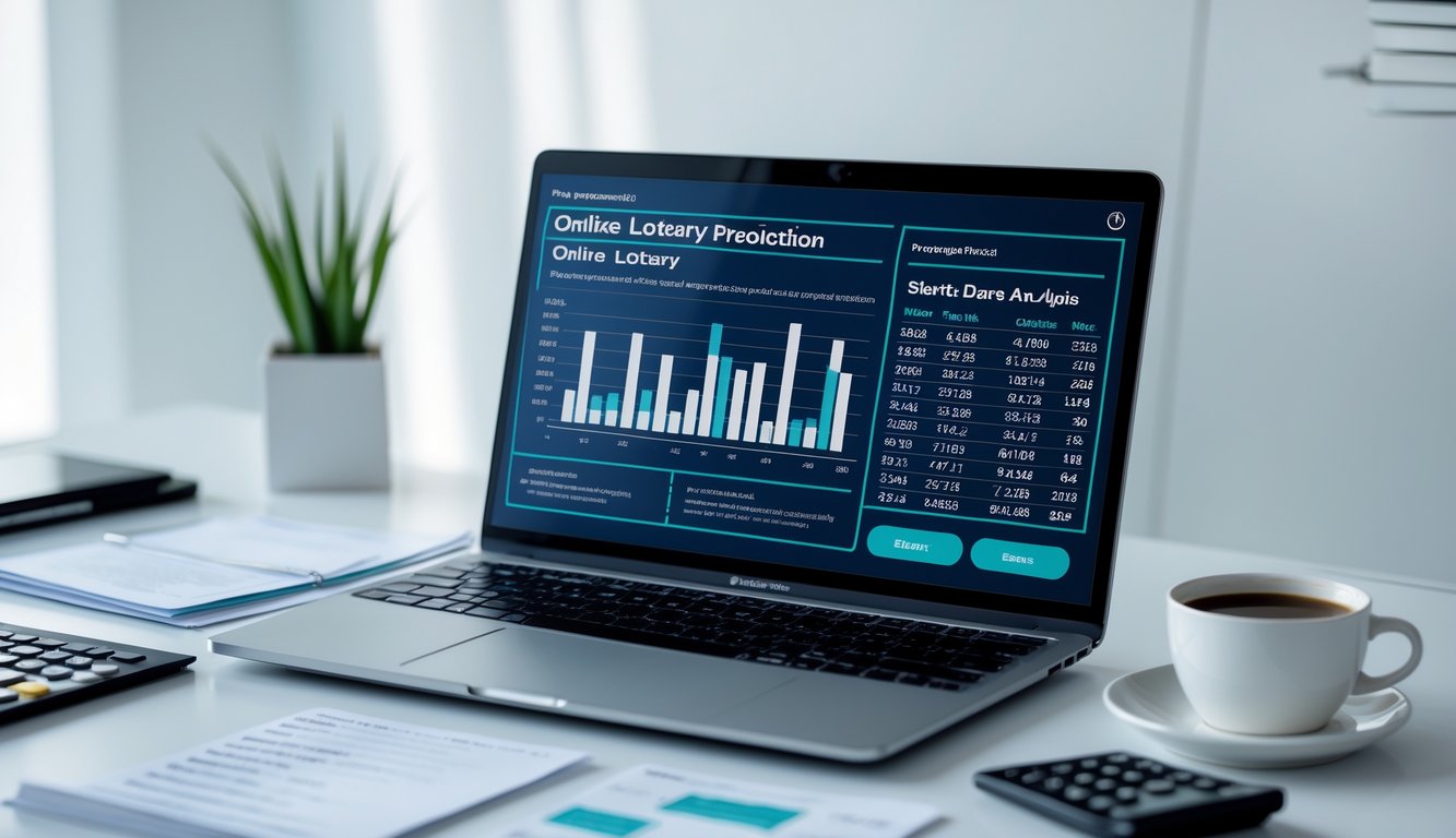 Meja kerja dengan laptop yang menampilkan grafik statistik, kalkulator, dan secangkir kopi.