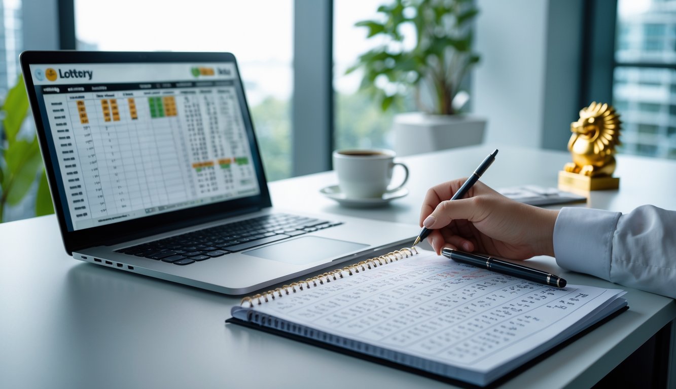 Meja kerja modern dengan laptop, buku catatan berisi angka dan kalkulasi, serta ponsel yang menampilkan aplikasi lotere, dengan latar kantor terang dan hiasan kecil Merlion.