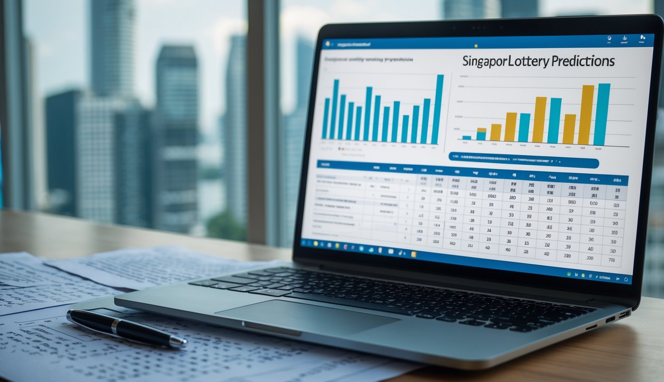 Meja kerja modern dengan laptop, kertas berisi data angka, dan pemandangan kota Singapura di latar belakang.