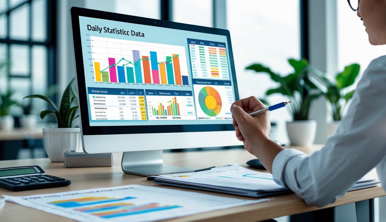 Seorang profesional sedang menganalisis data harian di meja kerja dengan monitor komputer yang menampilkan grafik dan angka.