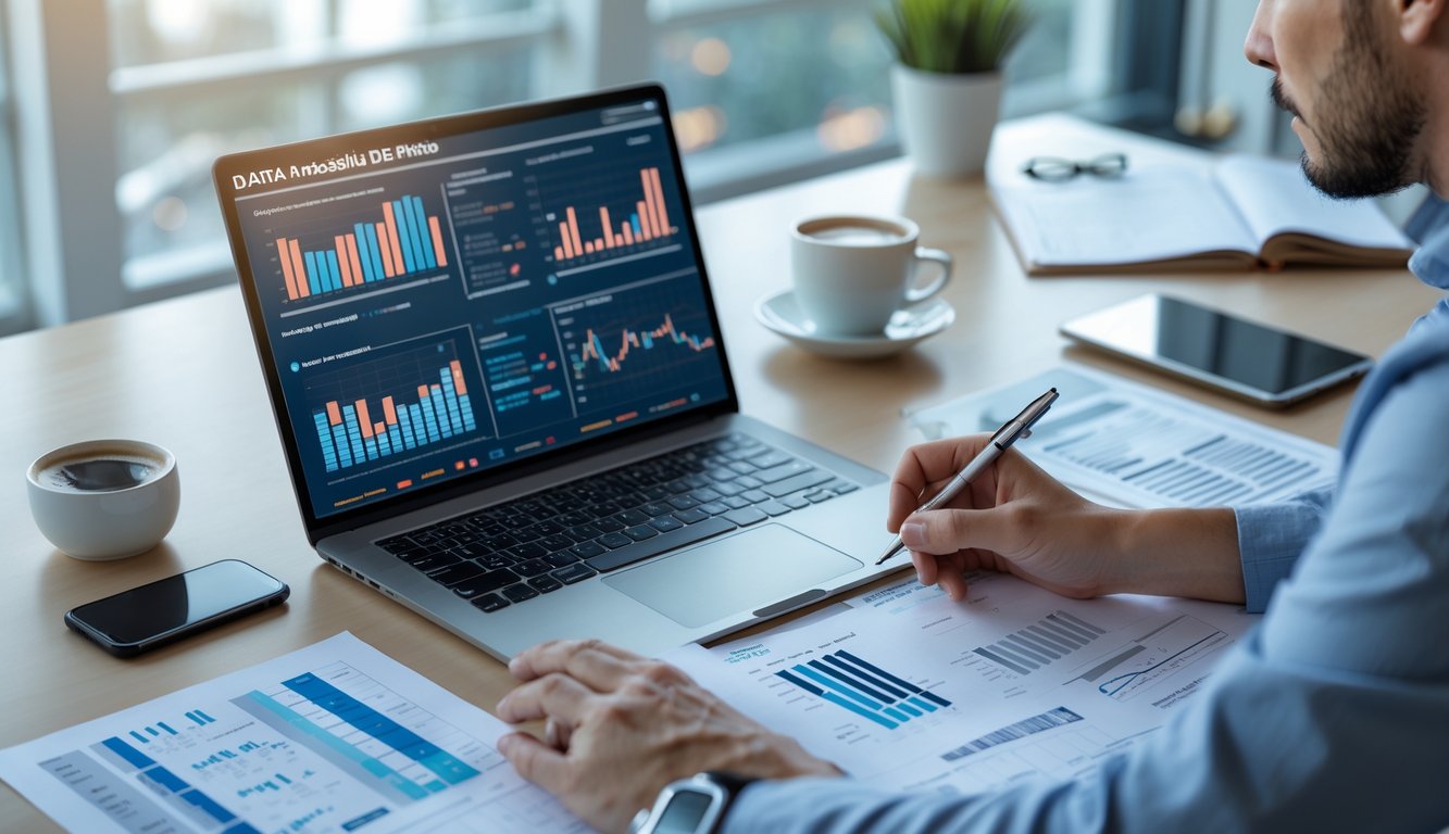 Seorang pria sedang menganalisis data di depan laptop dengan grafik dan dokumen di meja kerja yang rapi.