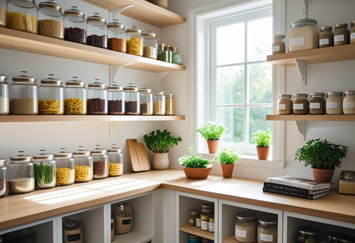 An organized kitchen pantry with clear jars of dry goods, fresh herbs, and cookbooks on wooden shelves.