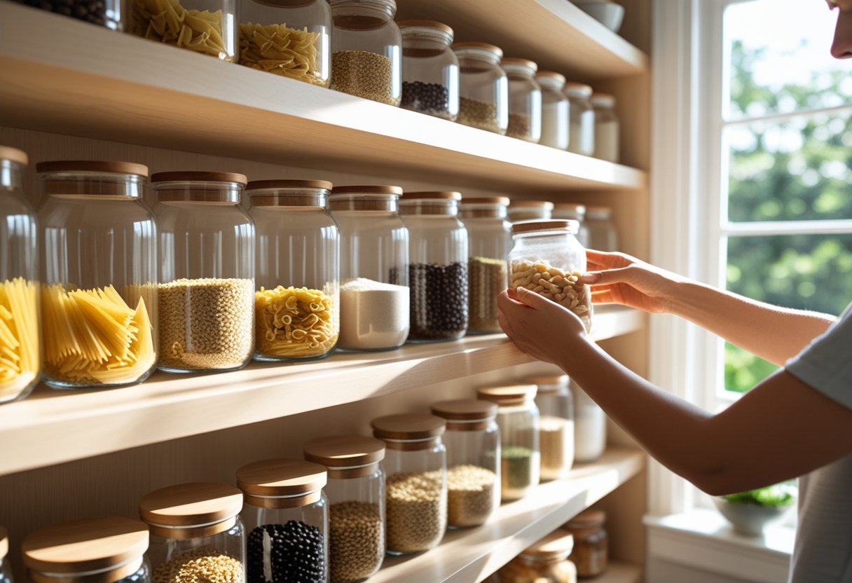 A well-organized kitchen pantry with clear jars of dry goods on wooden shelves and hands arranging a jar.