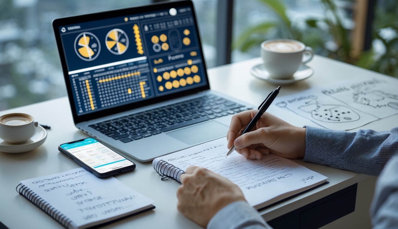 Meja kerja dengan laptop, catatan, dan alat tulis yang menunjukkan analisis prediksi togel online menggunakan rumus shio dan tafsir mimpi.