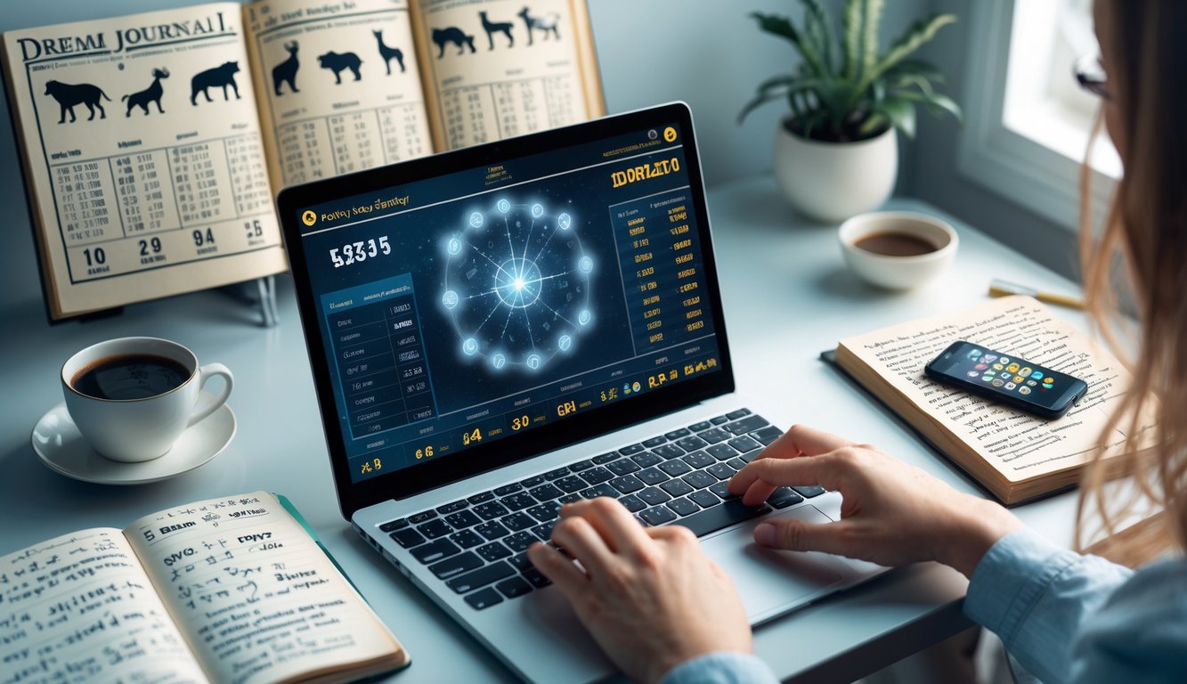 Meja kerja modern dengan laptop menampilkan grafik prediksi togel, buku catatan mimpi terbuka, dan tangan seseorang sedang mengetik.