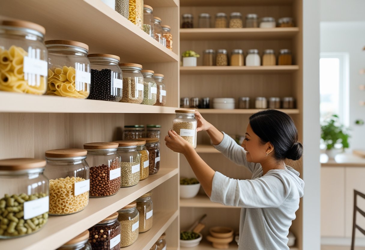 Hands organizing jars on shelves in a clean, well-lit kitchen pantry.