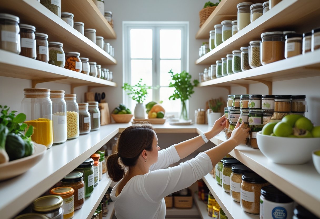Hands organizing jars on shelves in a bright, tidy kitchen pantry filled with food items.
