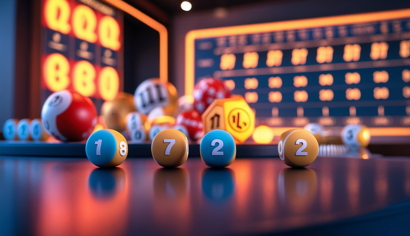 Meja dengan bola lotere berwarna-warni dan ikon angka yang mewakili konsep togel, dengan pencahayaan hangat dan latar belakang gelap.
