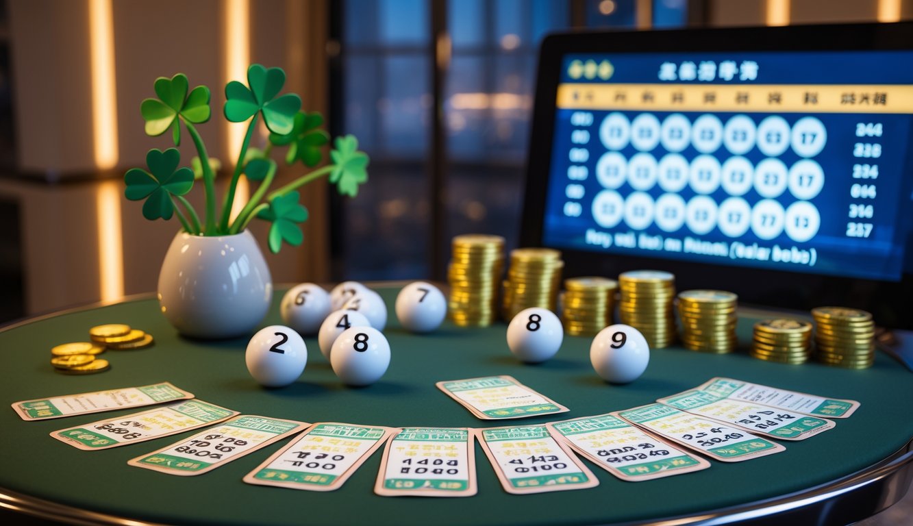 Meja permainan dengan bola togel bernomor, koin emas, dan dadu yang tersusun rapi di lingkungan yang terang dan modern, menggambarkan suasana undian togel malam hari di Macau.