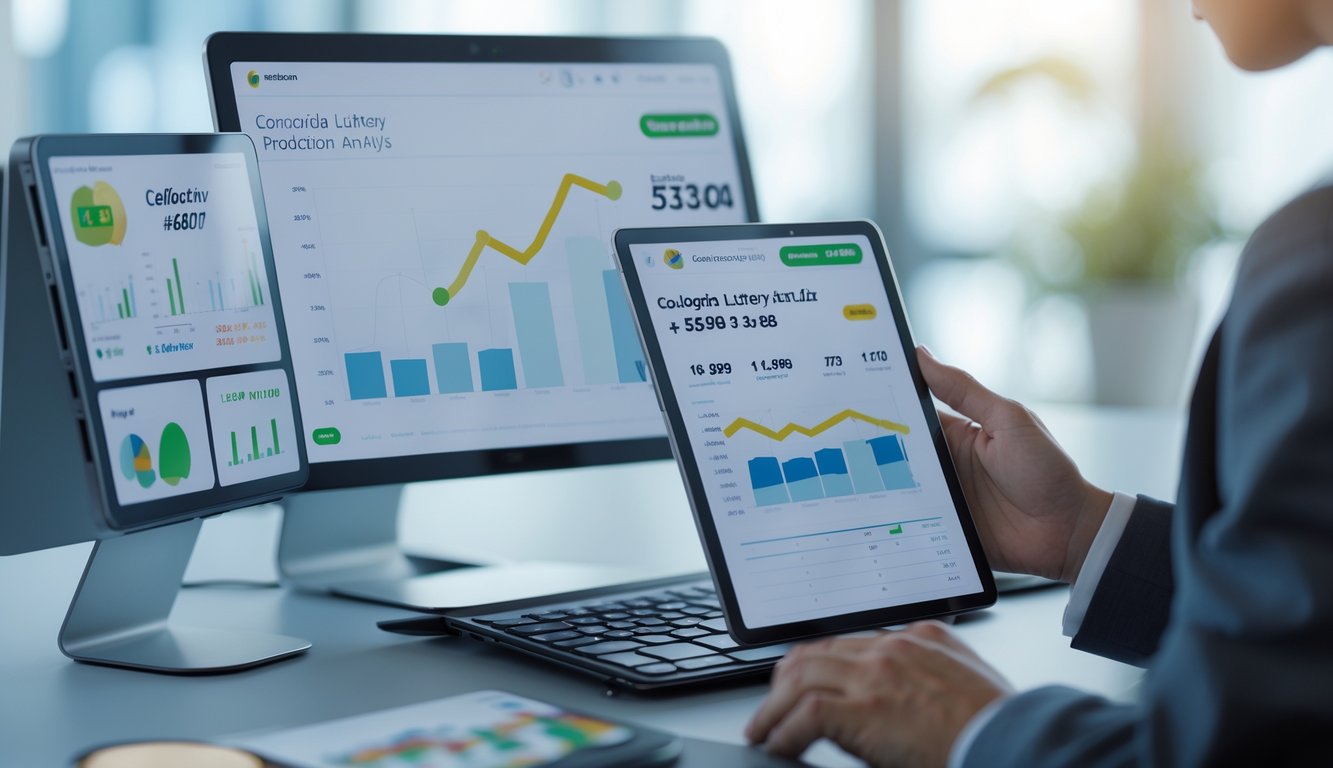 Meja kerja modern dengan perangkat digital yang menampilkan data dan grafik hasil togel Cambodia, tangan seseorang sedang menggunakan tablet untuk menganalisis statistik.