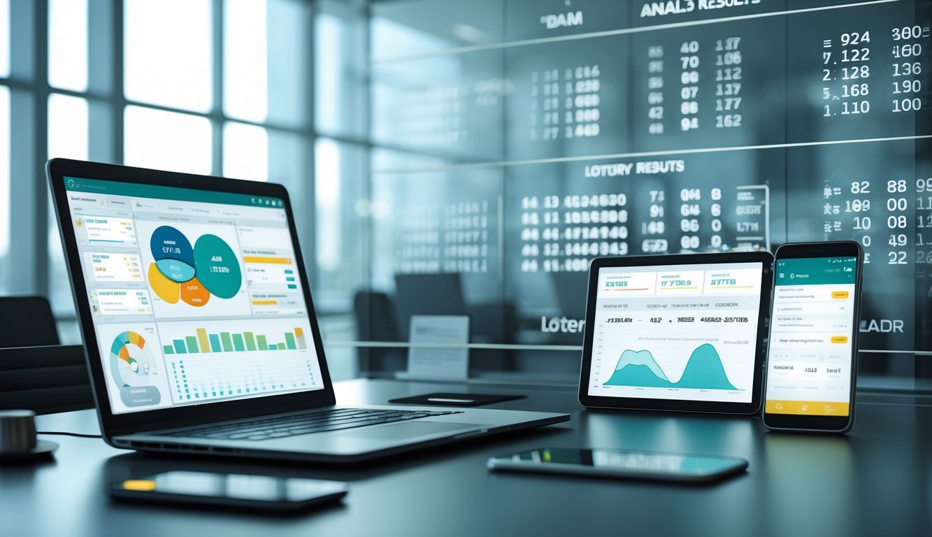Suasana kantor modern dengan perangkat digital yang menampilkan grafik dan data analisis untuk prediksi hasil togel.