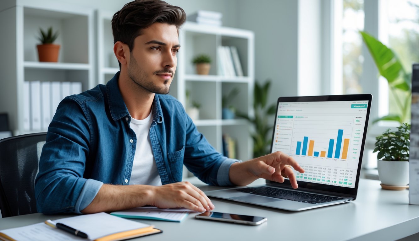 Seorang pria muda duduk di meja kerja dengan laptop dan alat tulis, terlihat fokus menganalisis data di ruang kerja yang rapi.