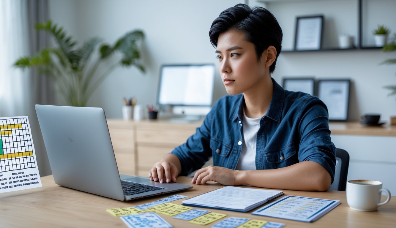 Seorang pemuda fokus duduk di meja dengan laptop dan buku catatan, menganalisis data dan tiket togel di lingkungan kantor rumah yang terang dan rapi.