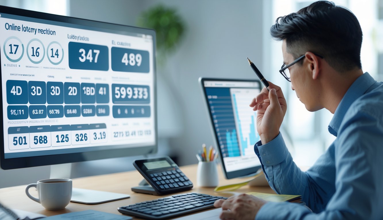 Seorang profesional sedang menganalisis data angka togel di depan komputer di ruang kerja modern.