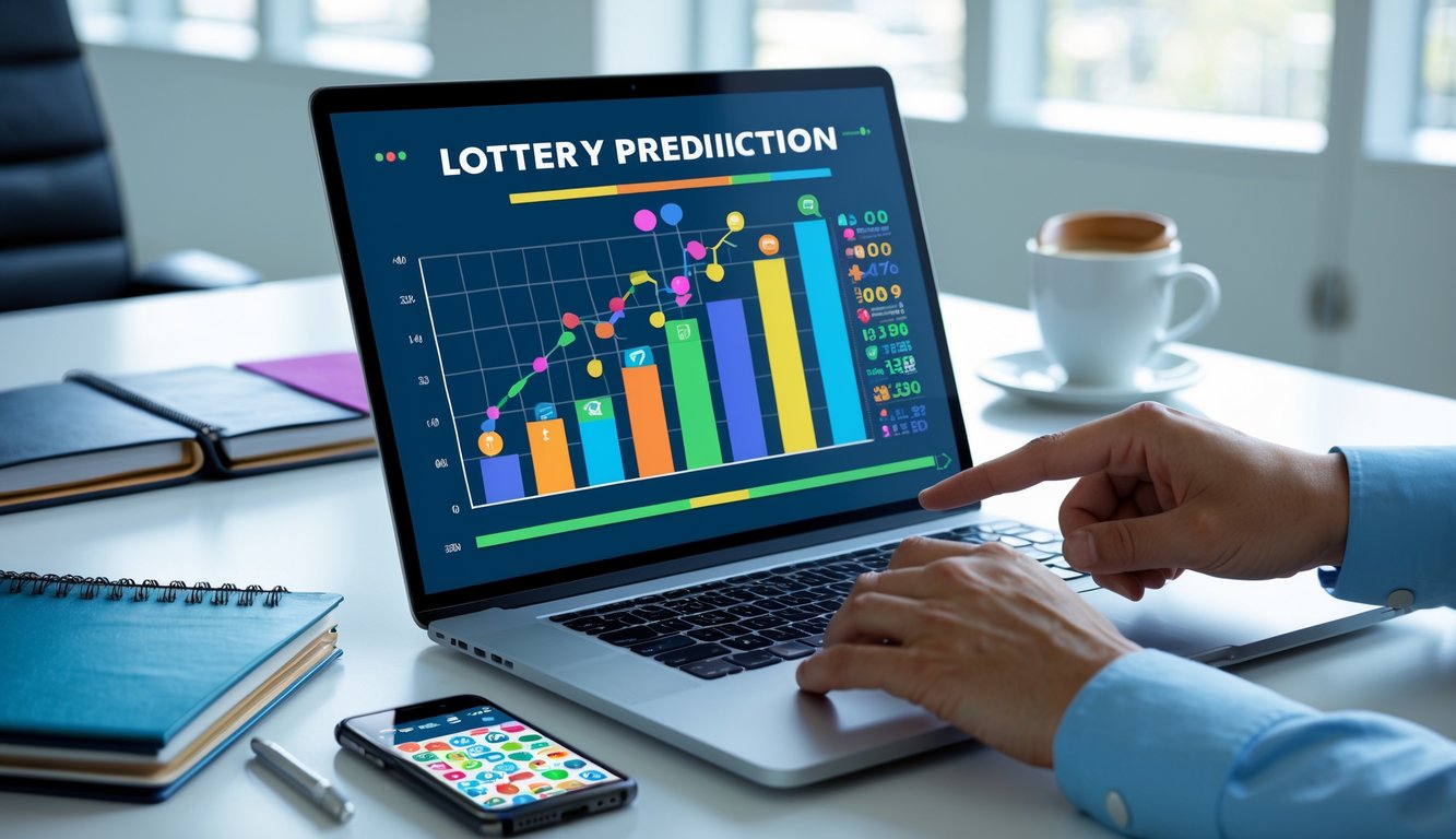 Sebuah ruang kerja modern dengan laptop yang menampilkan grafik prediksi angka, tangan menunjuk layar, dan beberapa alat tulis di meja.