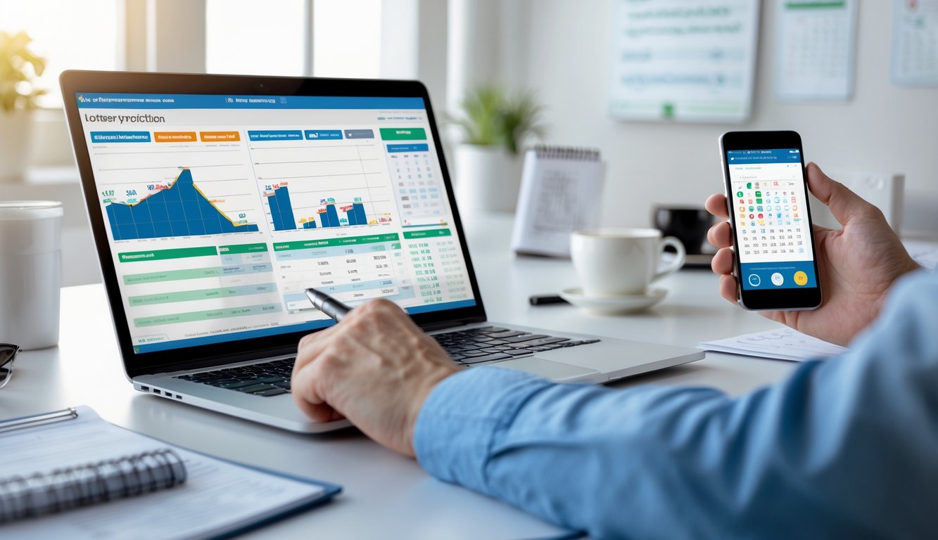 Seseorang sedang menganalisis data di meja kerja dengan laptop dan ponsel di lingkungan kantor yang bersih dan terang.