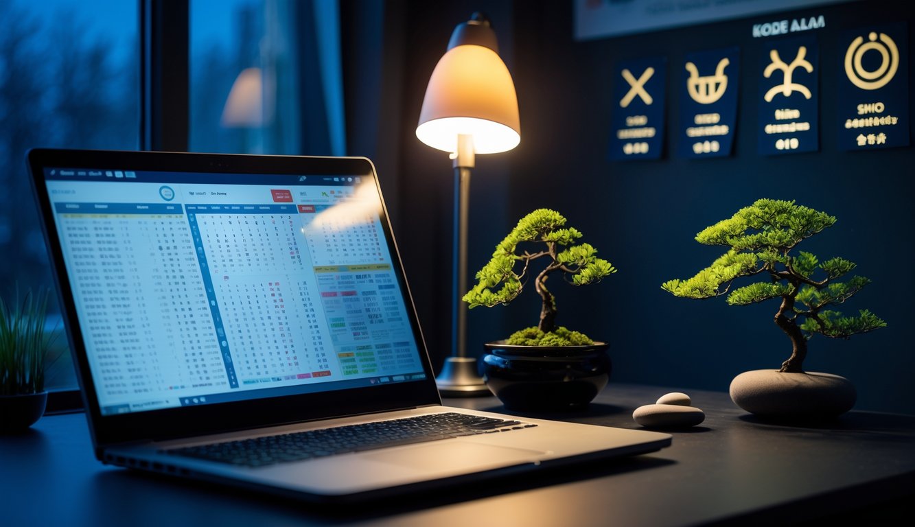 Meja kerja dengan laptop yang menampilkan grafik dan angka, dihiasi dengan simbol zodiak dan elemen alam seperti pohon bonsai dan batu sungai, dalam suasana malam yang tenang.