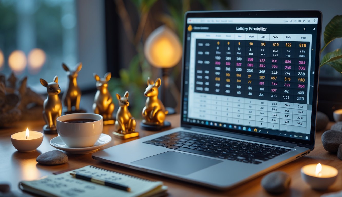 Meja kerja dengan laptop, buku catatan, dan figur kecil hewan shio, menunjukkan suasana prediksi togel malam ini.