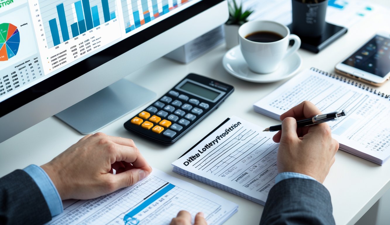 Meja kerja dengan komputer menampilkan grafik statistik, tangan menggunakan kalkulator dan mencatat rumus, serta ponsel dan dokumen terkait prediksi togel online.